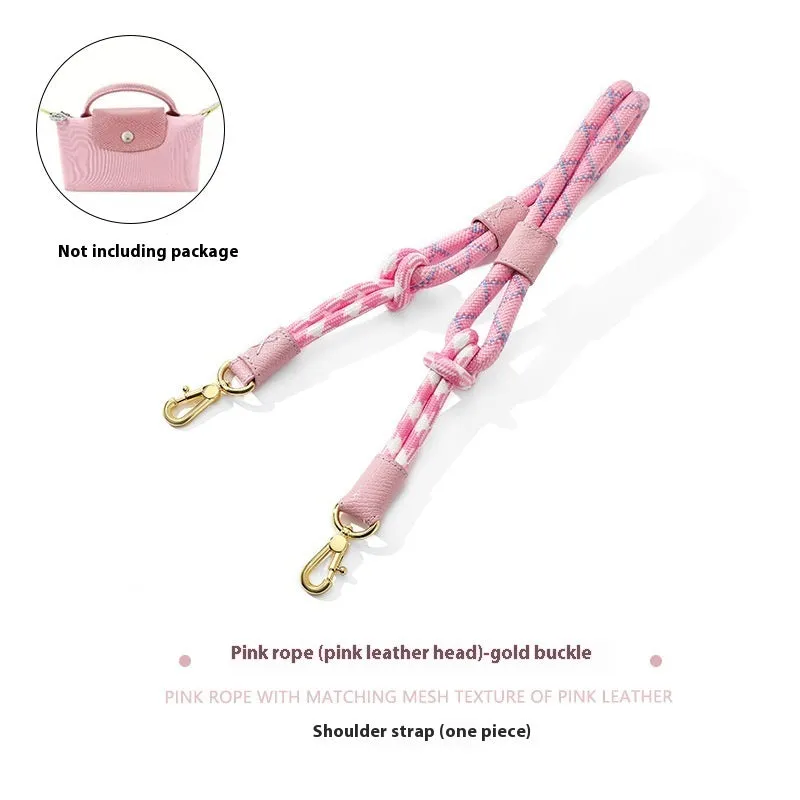 Braided nylon and cowhide rope shoulder strap with alloy buckle in gold or silver, shown in 78cm and 100cm lengths.