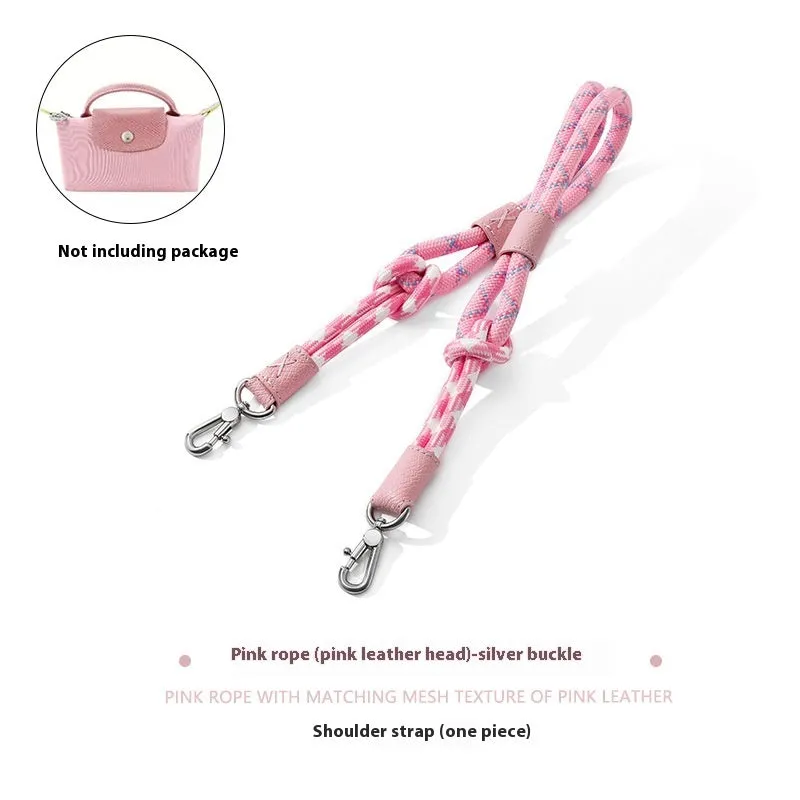 Braided nylon and cowhide rope shoulder strap with alloy buckle in gold or silver, shown in 78cm and 100cm lengths.