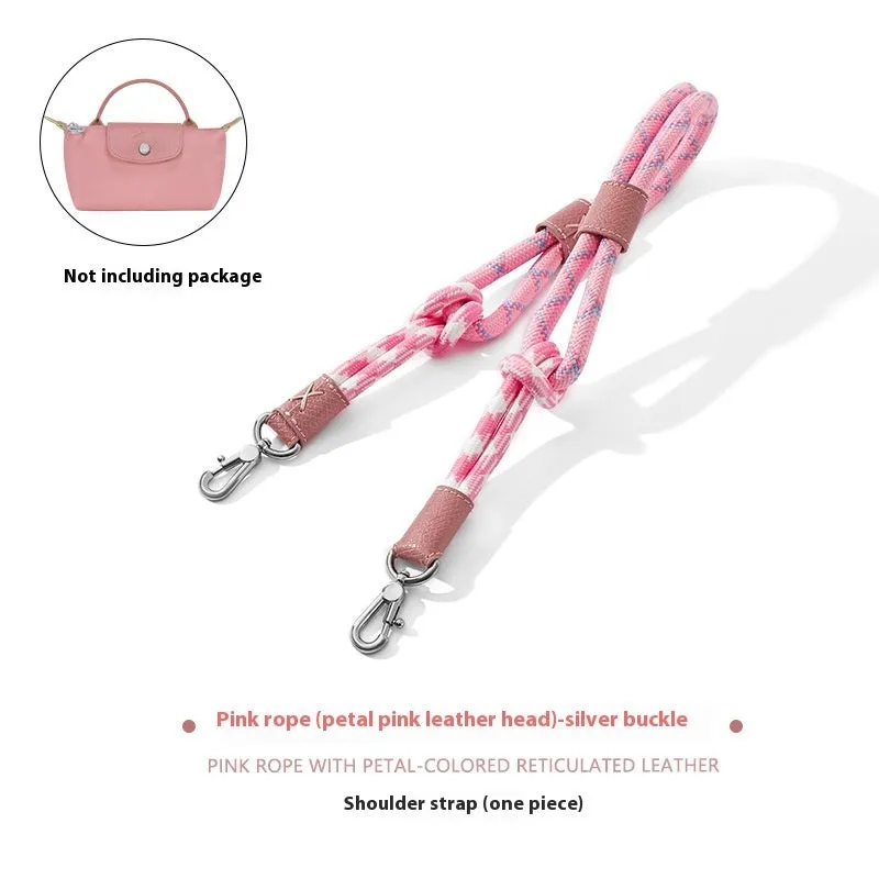 Braided nylon and cowhide rope shoulder strap with alloy buckle in gold or silver, shown in 78cm and 100cm lengths.