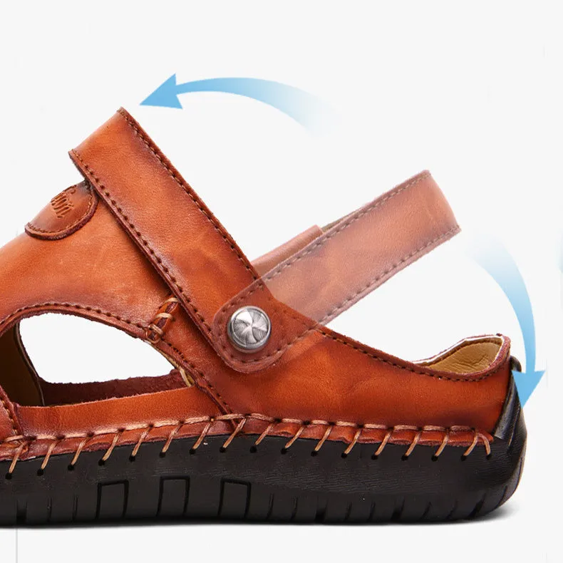 Men's closed toe sandals in black with rubber sole and adjustable slide strap