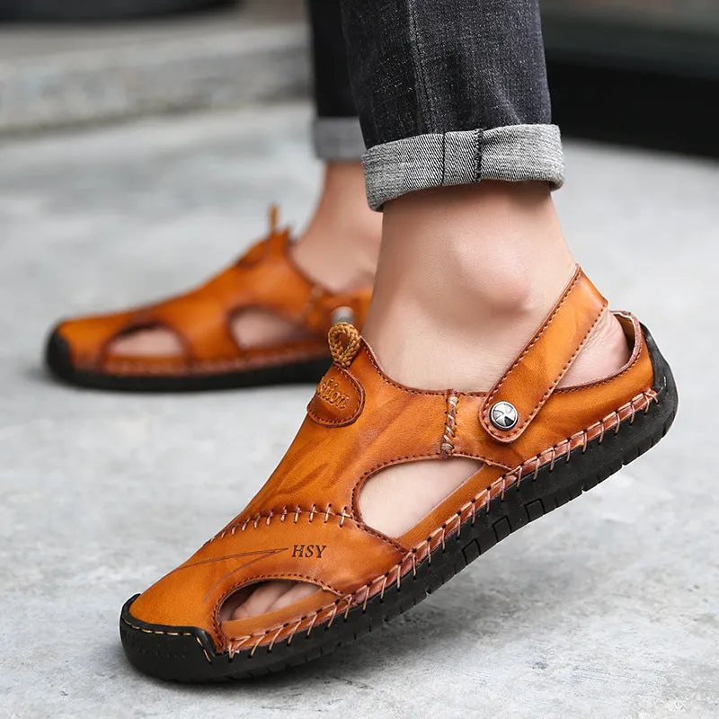 Men's closed toe sandals in black with rubber sole and adjustable slide strap
