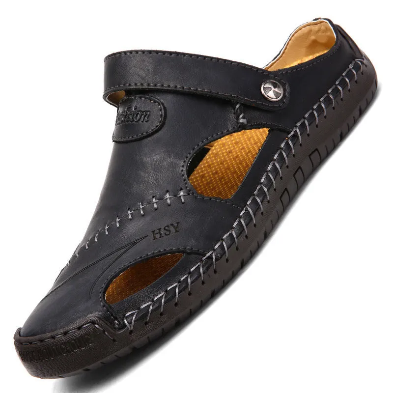 Men's closed toe sandals in black with rubber sole and adjustable slide strap