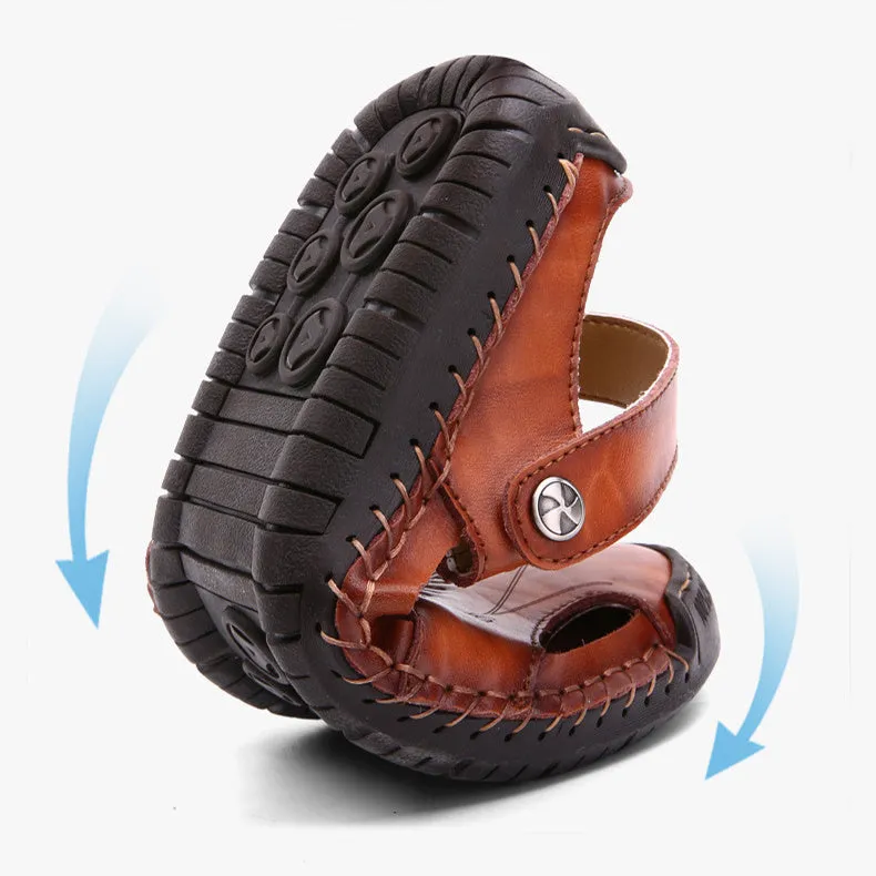 Men's closed toe sandals in black with rubber sole and adjustable slide strap
