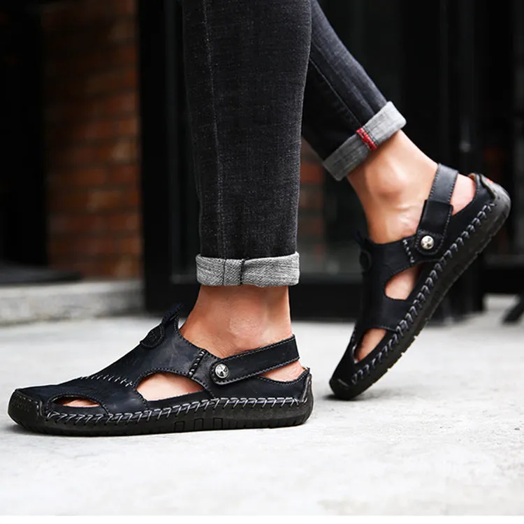 Men's closed toe sandals in black with rubber sole and adjustable slide strap