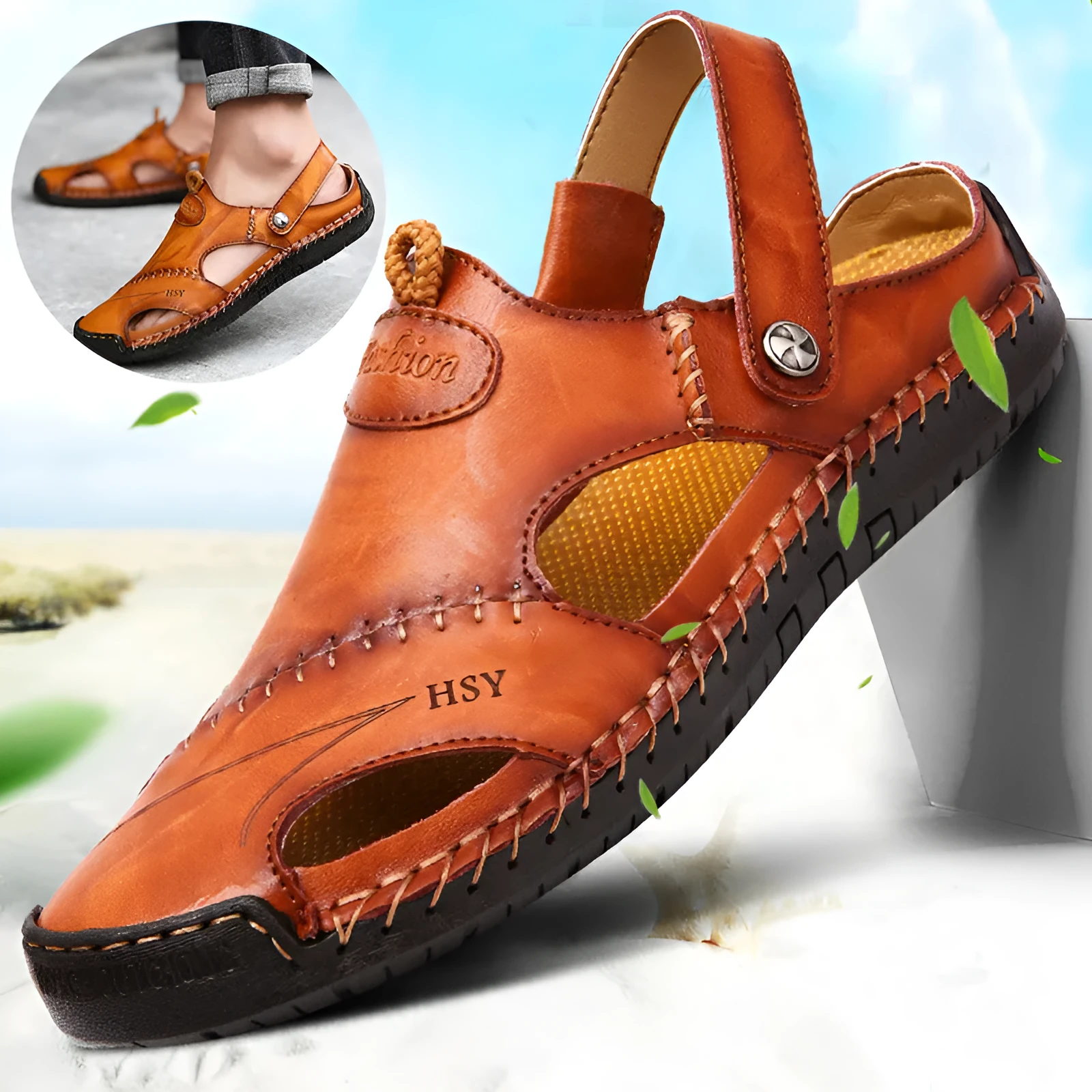 Men's closed toe sandals in black with rubber sole and adjustable slide strap