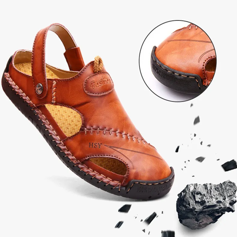 Men's closed toe sandals in black with rubber sole and adjustable slide strap