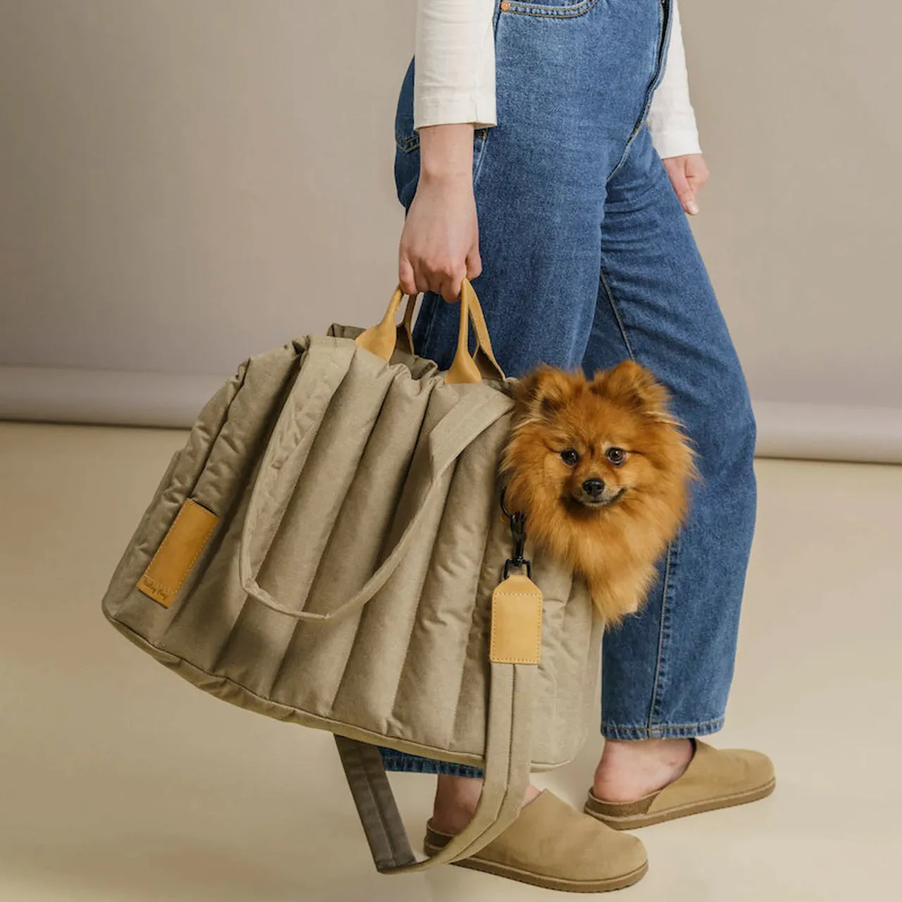 Lightweight waterproof polyester pet carrier bag for dogs and cats, 46x25x35cm, beige colour