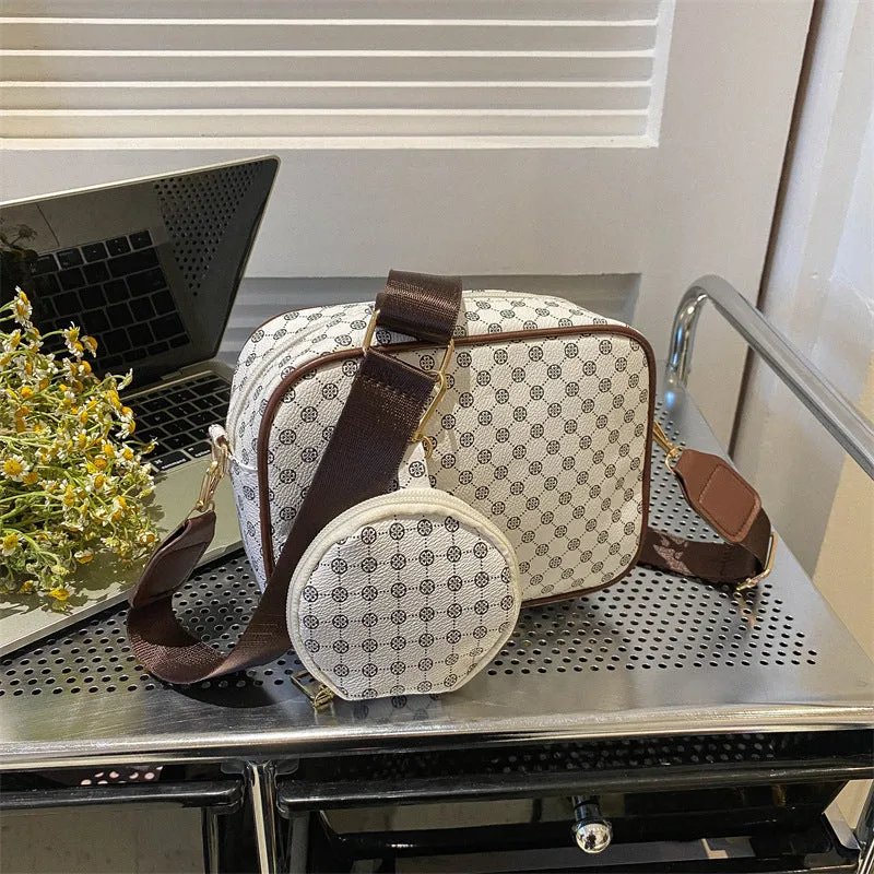 Vintage plaid pattern PU crossbody bag with small pouch in khaki colour, horizontal square shape, single shoulder strap