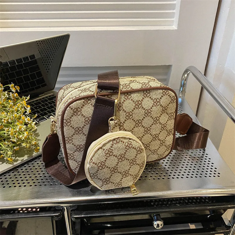Vintage plaid pattern PU crossbody bag with small pouch in khaki colour, horizontal square shape, single shoulder strap