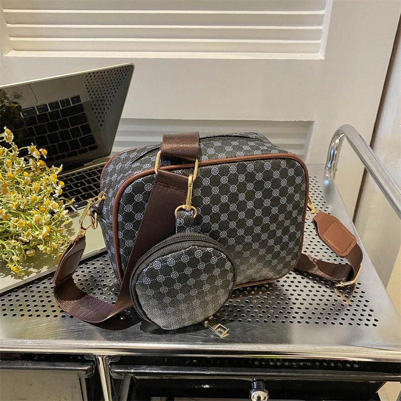Vintage plaid pattern PU crossbody bag with small pouch in khaki colour, horizontal square shape, single shoulder strap