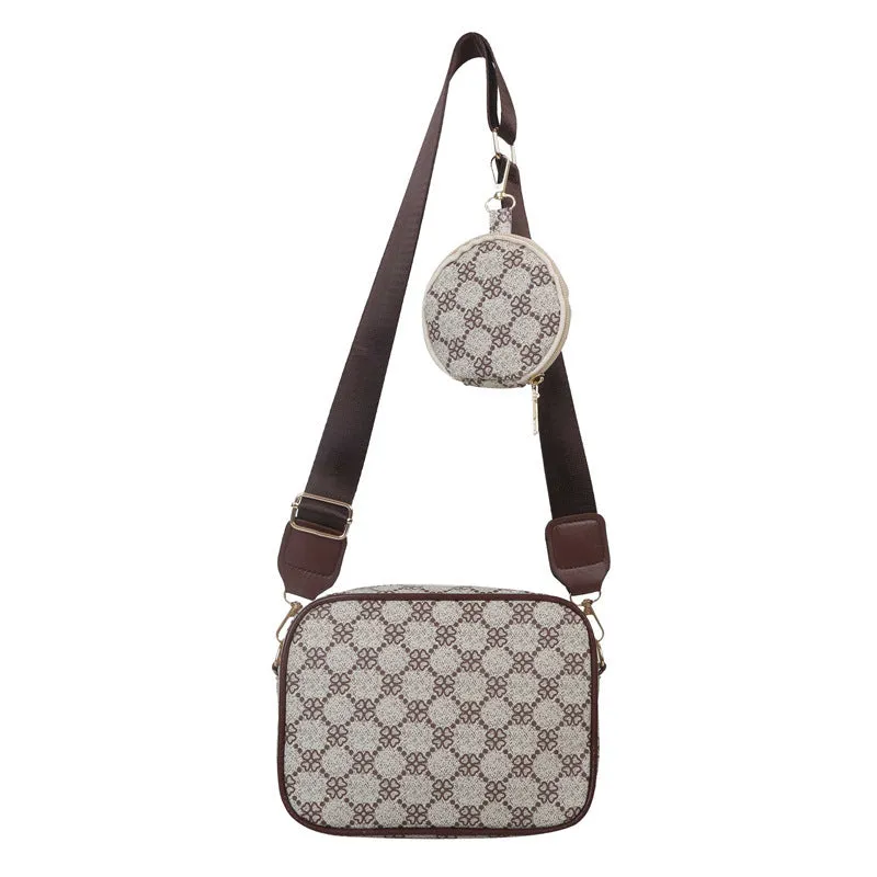 Vintage plaid pattern PU crossbody bag with small pouch in khaki colour, horizontal square shape, single shoulder strap