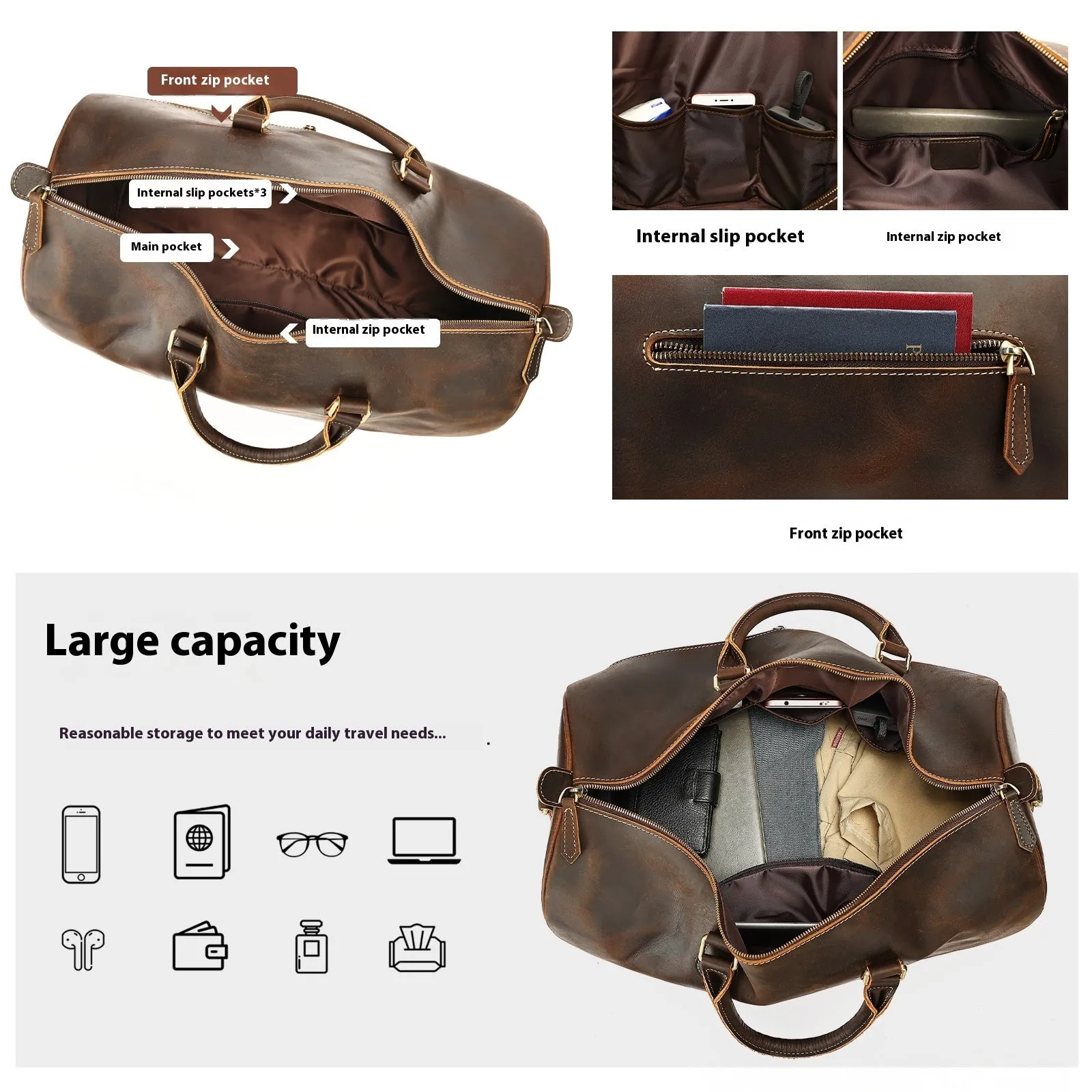 Genuine leather vintage-style crossbody bag for men in brown colour showing large capacity.