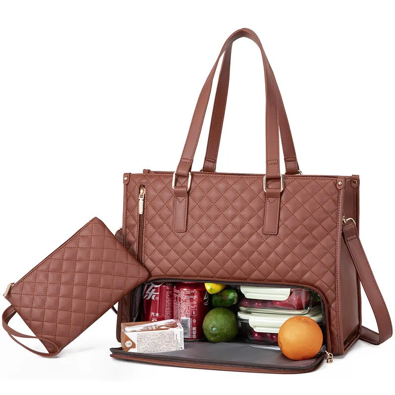 Women's insulated lunch bag in khaki colour with shoulder strap, 42x30x18cm leak-proof design