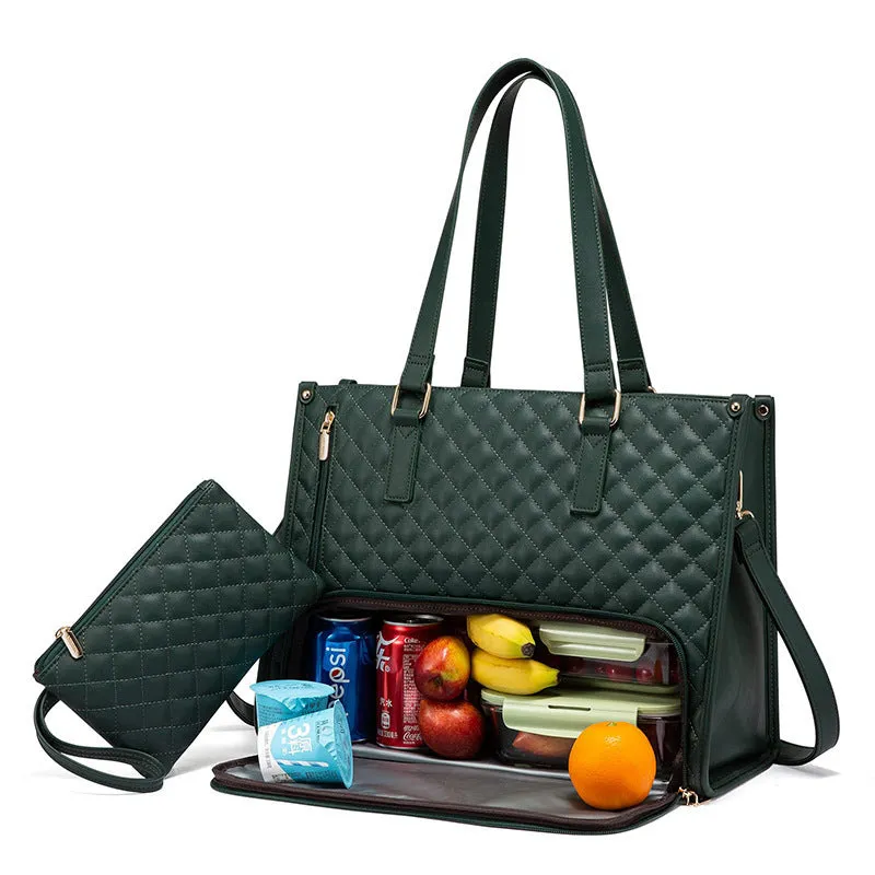 Women's insulated lunch bag in khaki colour with shoulder strap, 42x30x18cm leak-proof design