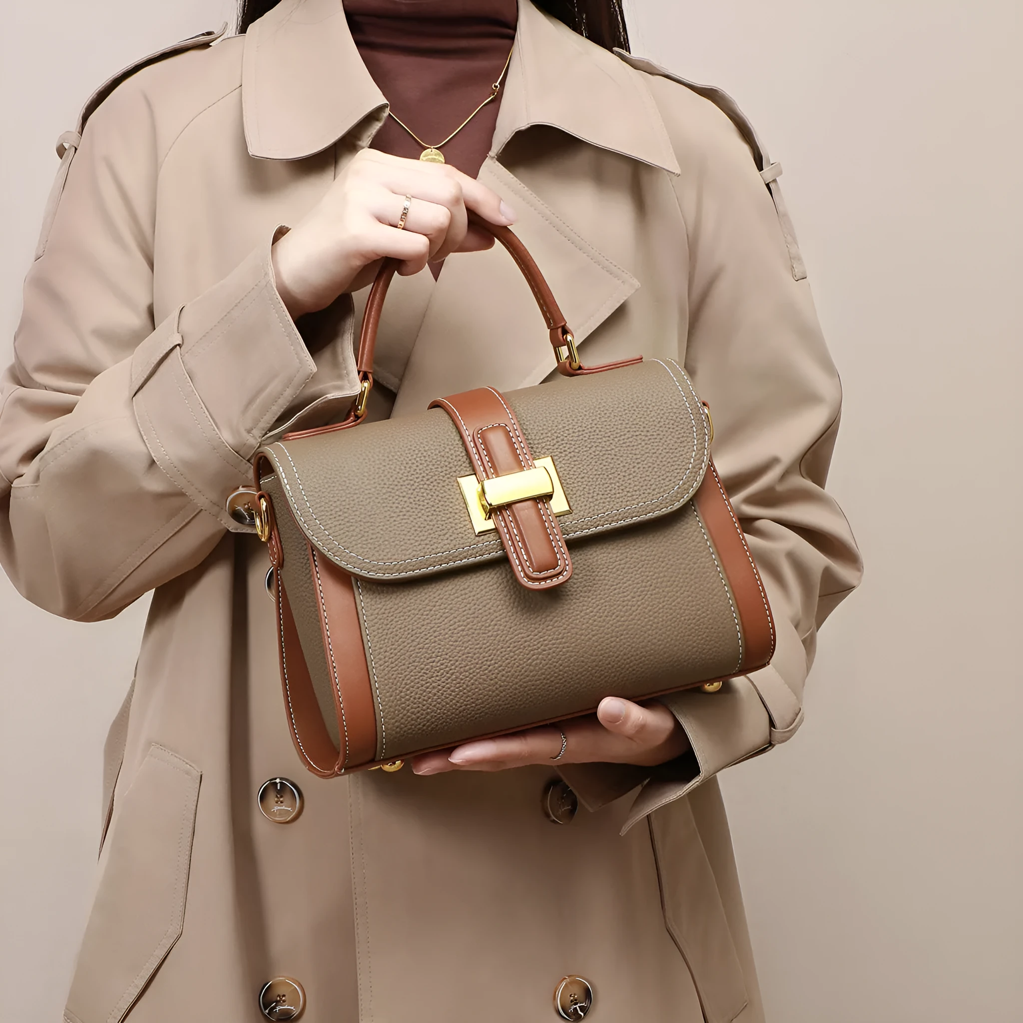Genuine leather one-shoulder handbag in elephant gray, first layer cowhide, 24cm wide, horizontal square shape, contrast colour details
