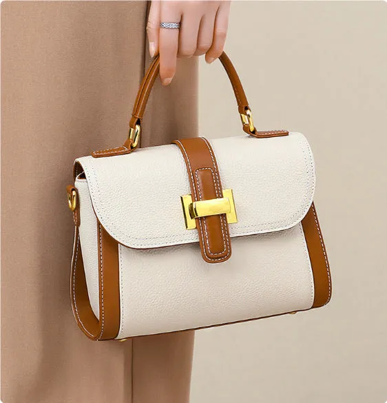 Genuine leather one-shoulder handbag in elephant gray, first layer cowhide, 24cm wide, horizontal square shape, contrast colour details