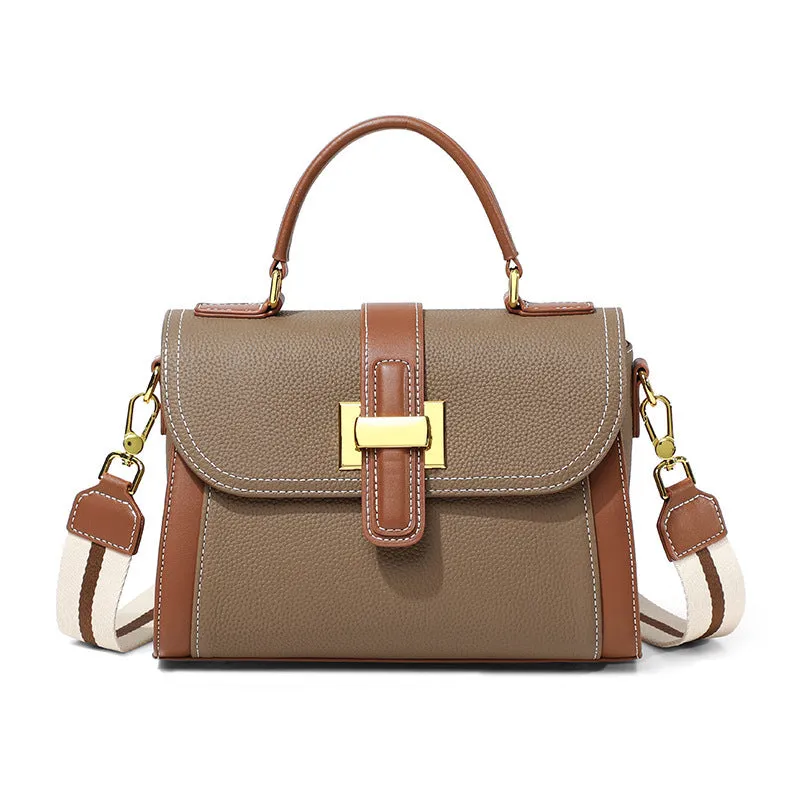 Genuine leather one-shoulder handbag in elephant gray, first layer cowhide, 24cm wide, horizontal square shape, contrast colour details