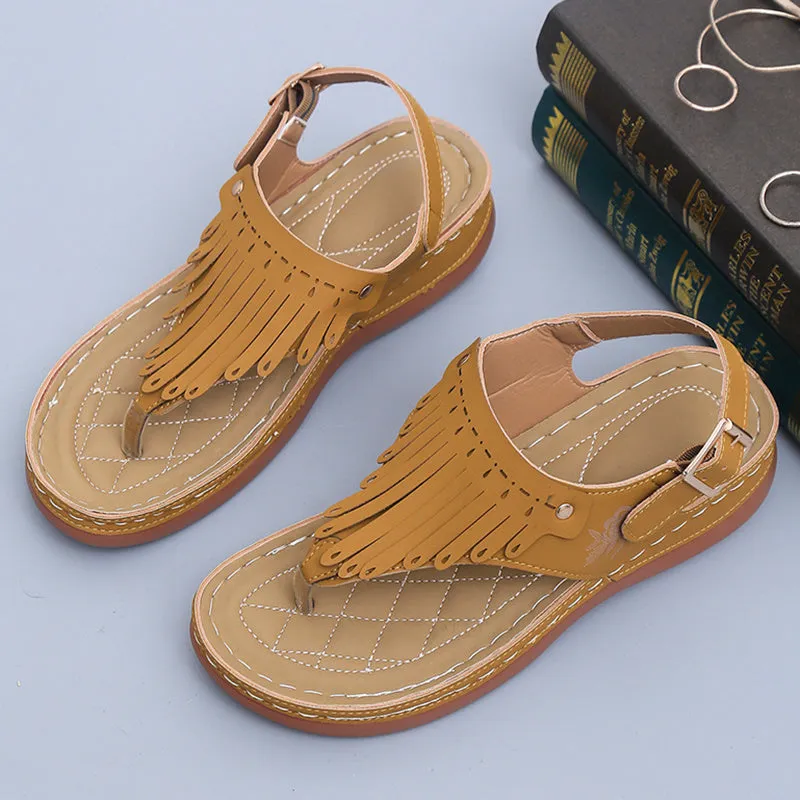 Women's Roman cutout thong wedge sandals with buckle closure in black, microfiber upper and polyurethane sole