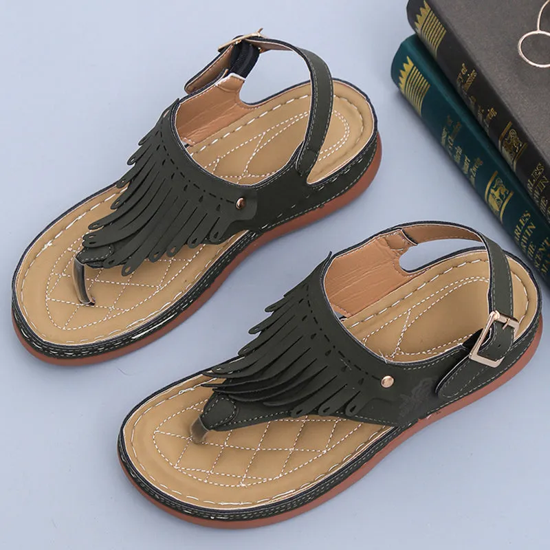 Women's Roman cutout thong wedge sandals with buckle closure in black, microfiber upper and polyurethane sole