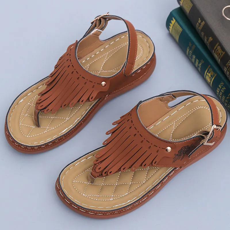 Women's Roman cutout thong wedge sandals with buckle closure in black, microfiber upper and polyurethane sole