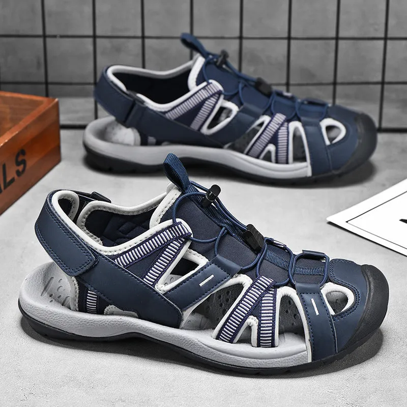 Men's blue casual sports shoes with Velcro strap and mesh upper on a rubber sole.