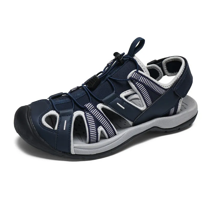 Men's blue casual sports shoes with Velcro strap and mesh upper on a rubber sole.