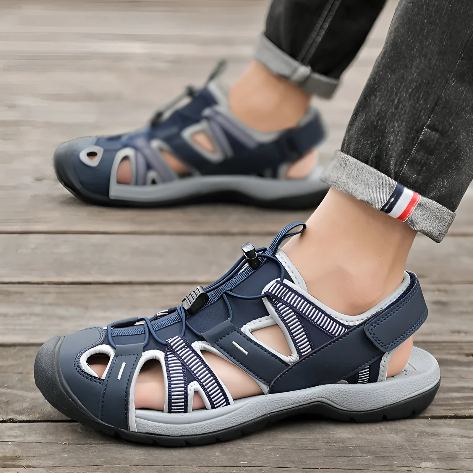 Men's blue casual sports shoes with Velcro strap and mesh upper on a rubber sole.