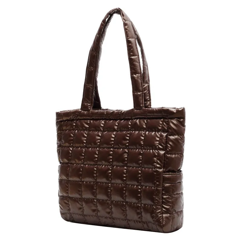 Women's large nylon bucket bag plaid winter shoulder bag with magnetic closure black colour