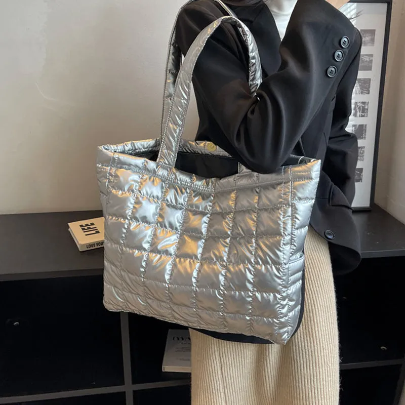 Women's large nylon bucket bag plaid winter shoulder bag with magnetic closure black colour