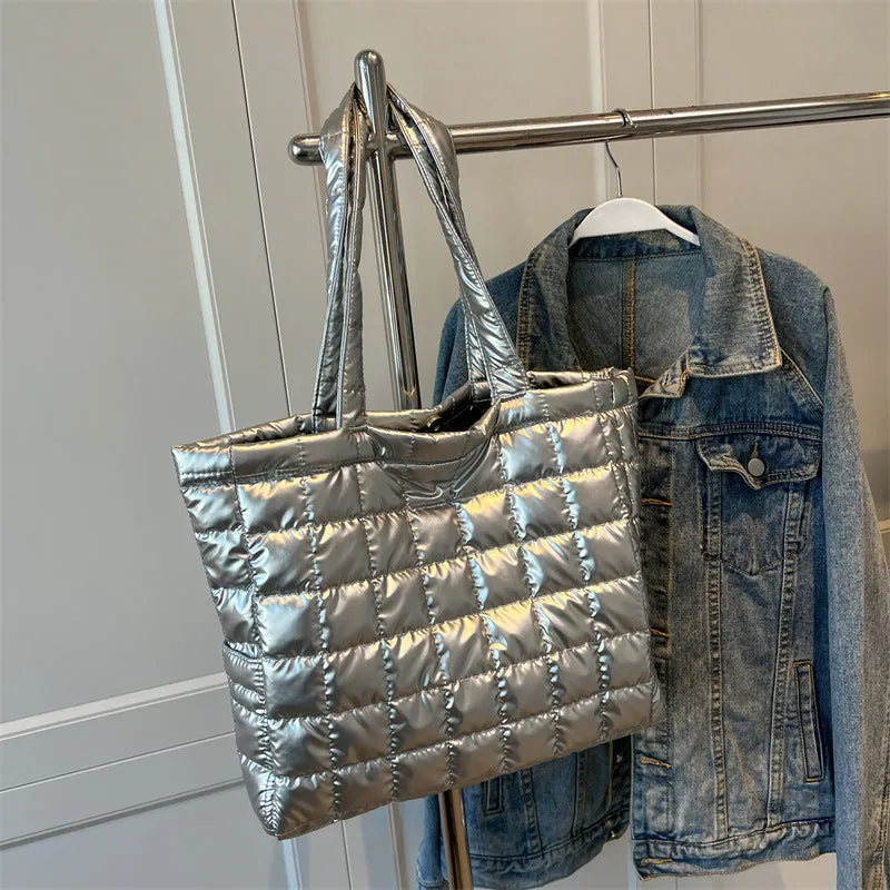 Women's large nylon bucket bag plaid winter shoulder bag with magnetic closure black colour