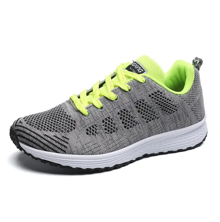 Women casual breathable mesh walking flat shoes with white flying woven upper and MD outsole
