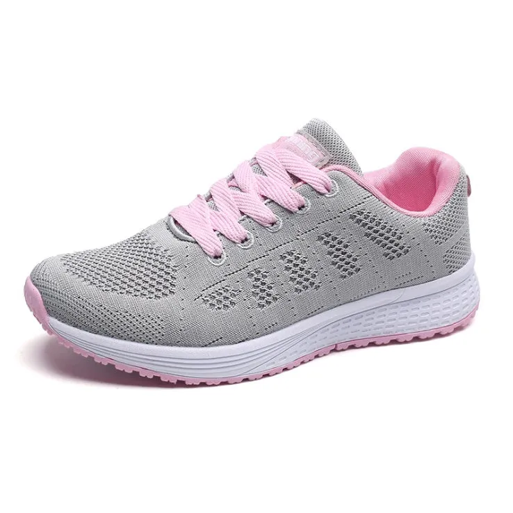 Women casual breathable mesh walking flat shoes with white flying woven upper and MD outsole