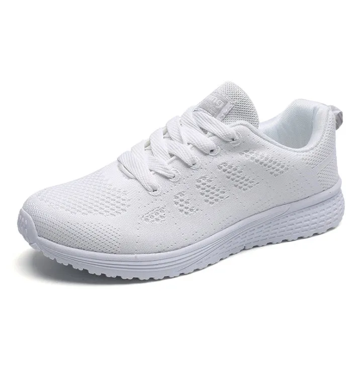 Women casual breathable mesh walking flat shoes with white flying woven upper and MD outsole