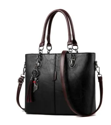 Large black PU leather women's shoulder bag with zipper top, handle drop 20cm, plain casual style.