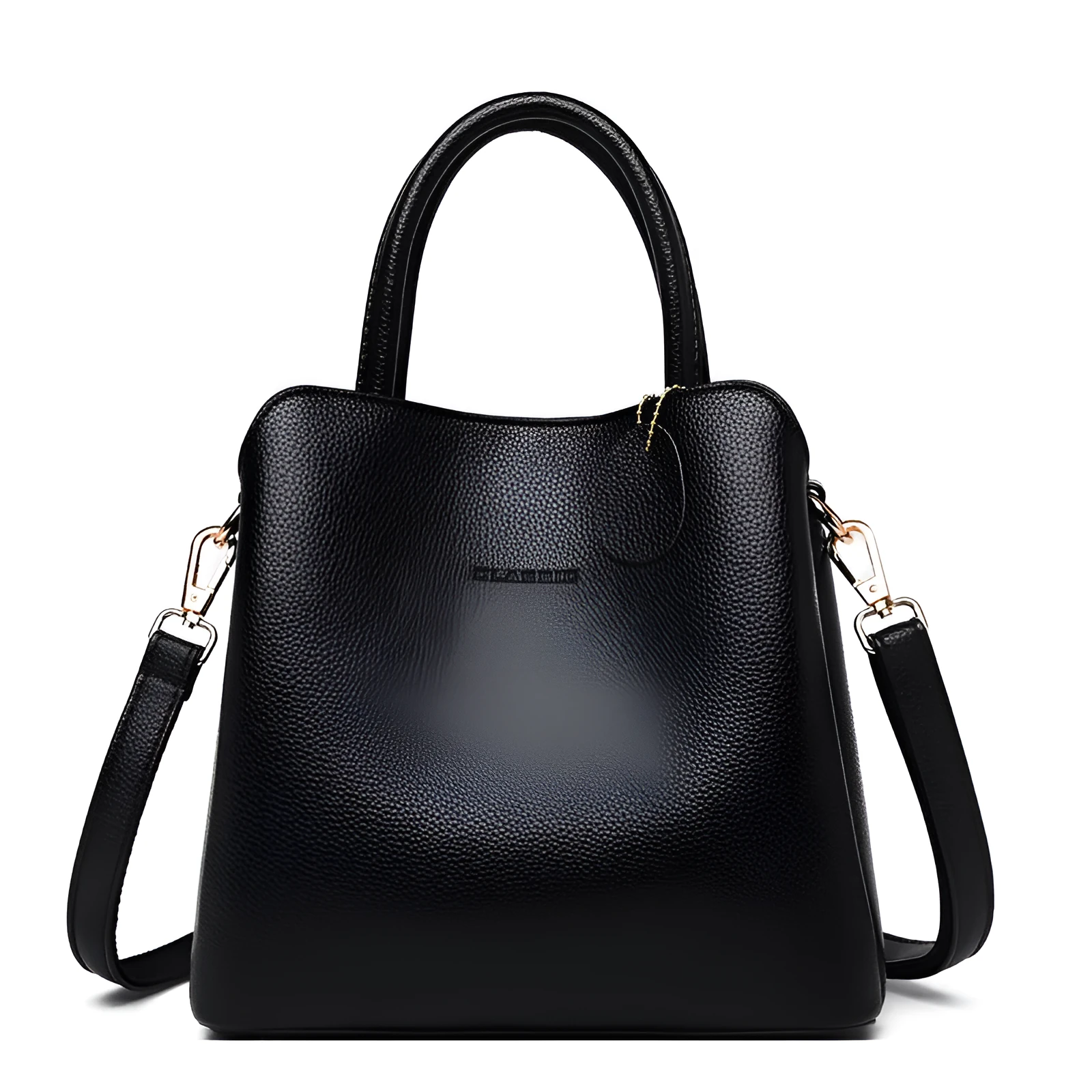 Ya Shi Mei Duo women's medium PU leather bucket bag with litchi pattern in black, soft handle and zipper closure