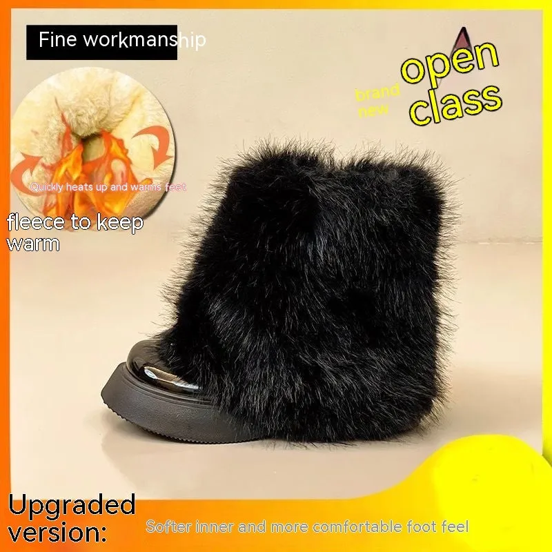 Women's black fleece-lined snow boot with a round toe and mid rubber heel on a white background.