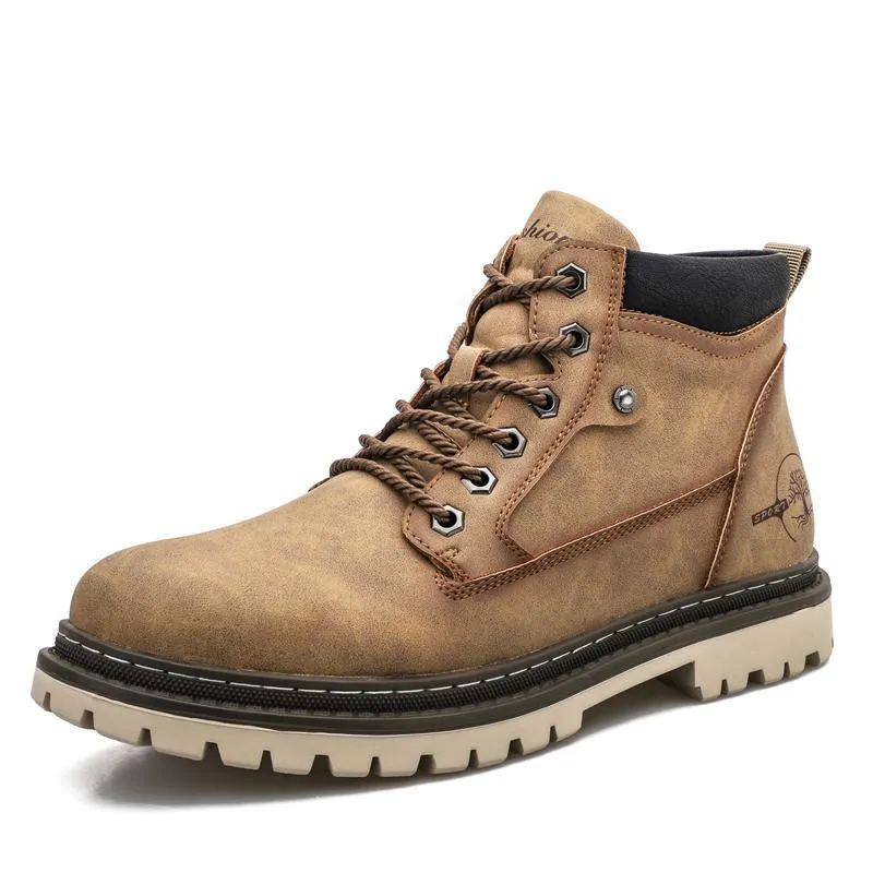 Men's casual high top leather tooling shoes in green with round toe, two-layer cowhide upper and rubber sole