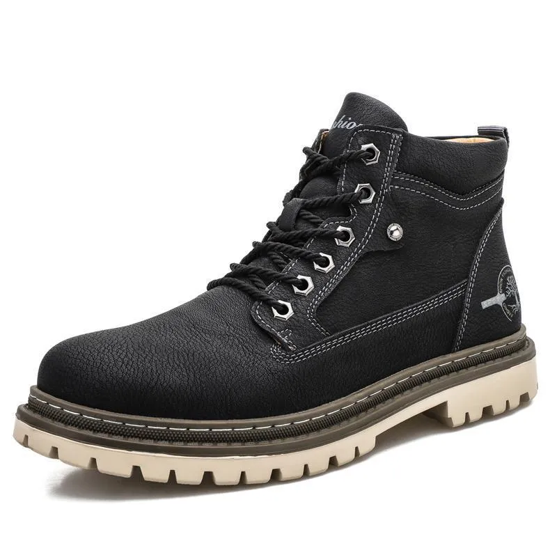 Men's casual high top leather tooling shoes in green with round toe, two-layer cowhide upper and rubber sole
