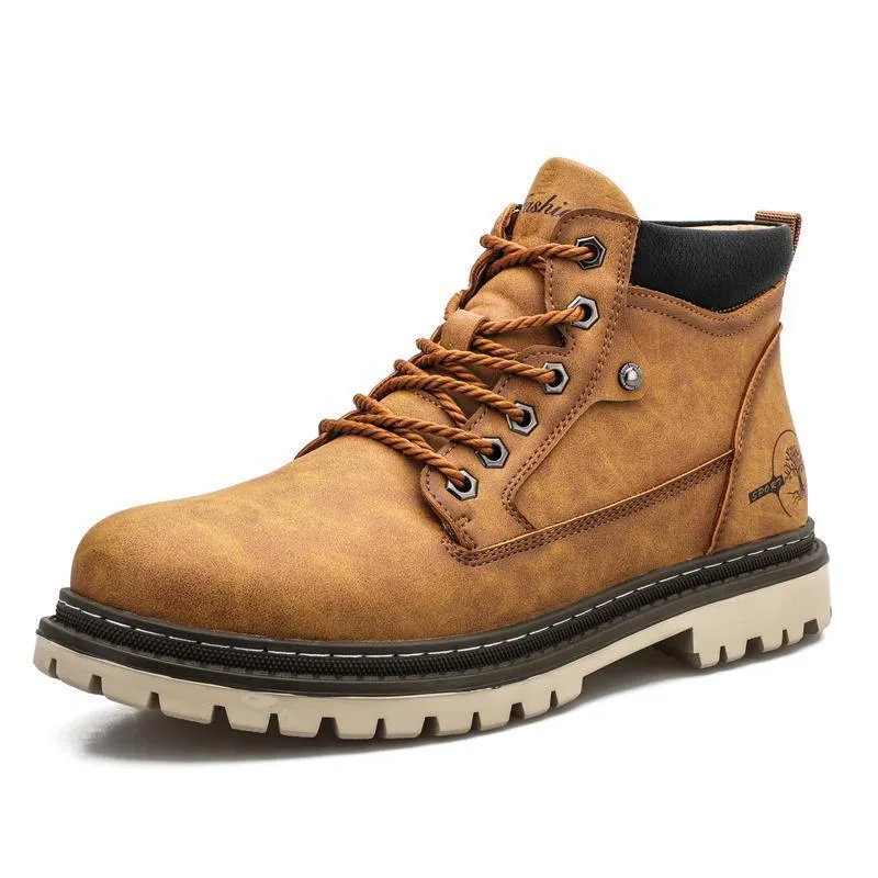 Men's casual high top leather tooling shoes in green with round toe, two-layer cowhide upper and rubber sole