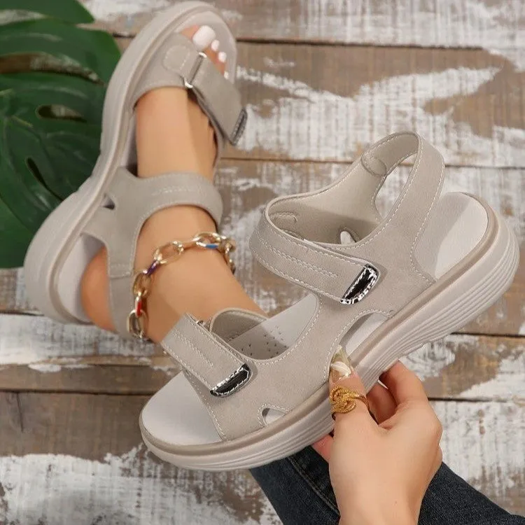 Casual Velcro-design sandals for women with fish mouth toe, hollow PU upper, and rubber sole in black colour