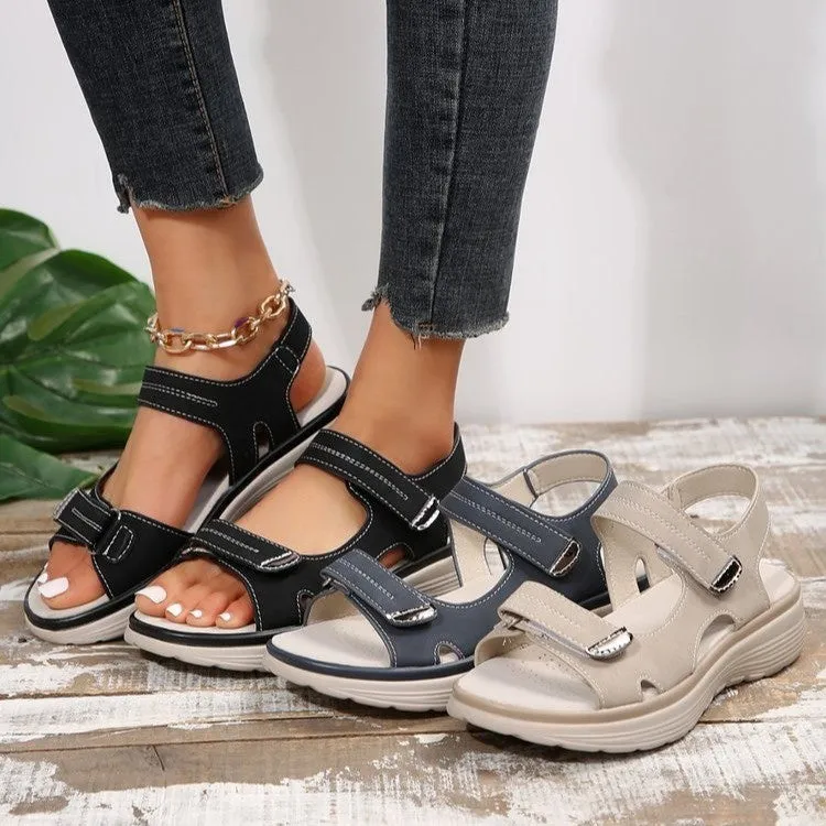 Casual Velcro-design sandals for women with fish mouth toe, hollow PU upper, and rubber sole in black colour