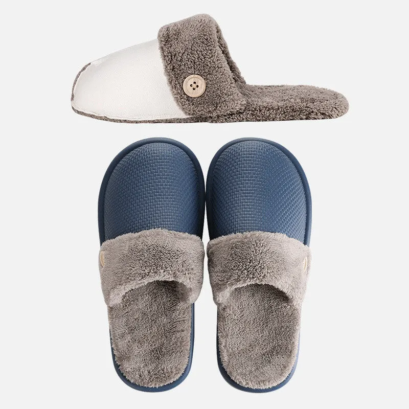 Grey non-slip EVA indoor slippers with artificial wool inner and removable insole, side view