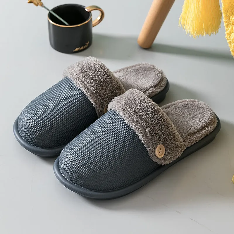 Grey non-slip EVA indoor slippers with artificial wool inner and removable insole, side view