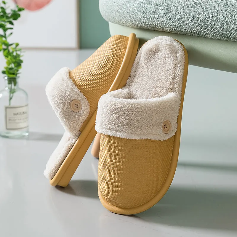 Grey non-slip EVA indoor slippers with artificial wool inner and removable insole, side view