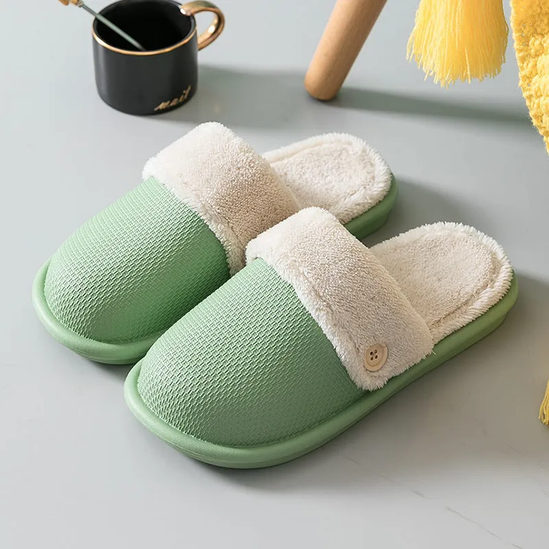 Grey non-slip EVA indoor slippers with artificial wool inner and removable insole, side view