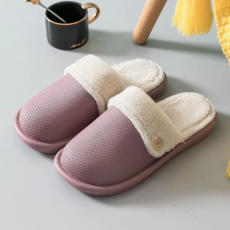 Grey non-slip EVA indoor slippers with artificial wool inner and removable insole, side view