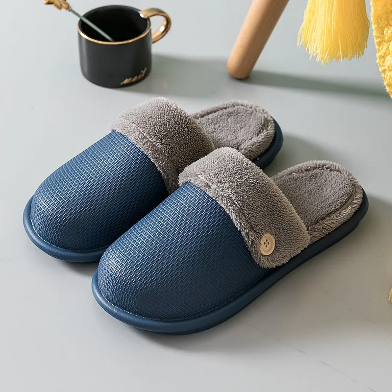 Grey non-slip EVA indoor slippers with artificial wool inner and removable insole, side view