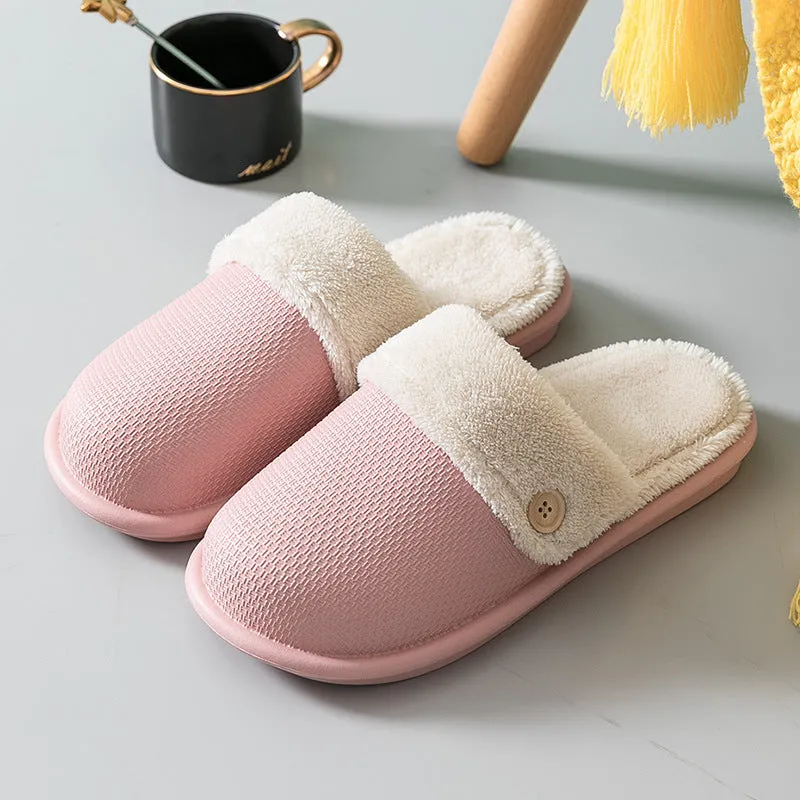 Grey non-slip EVA indoor slippers with artificial wool inner and removable insole, side view