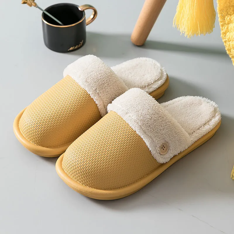 Grey non-slip EVA indoor slippers with artificial wool inner and removable insole, side view