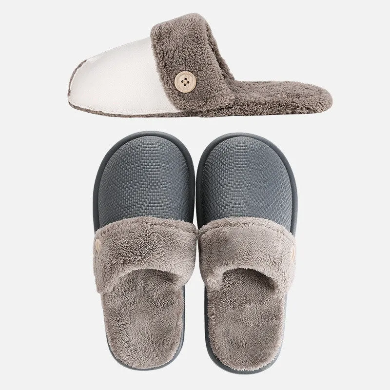 Grey non-slip EVA indoor slippers with artificial wool inner and removable insole, side view